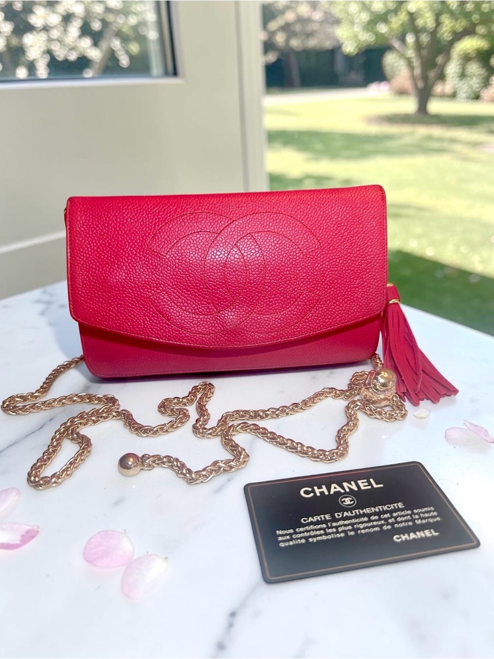 Chanel Red Caviar Flap Clutch with Chain